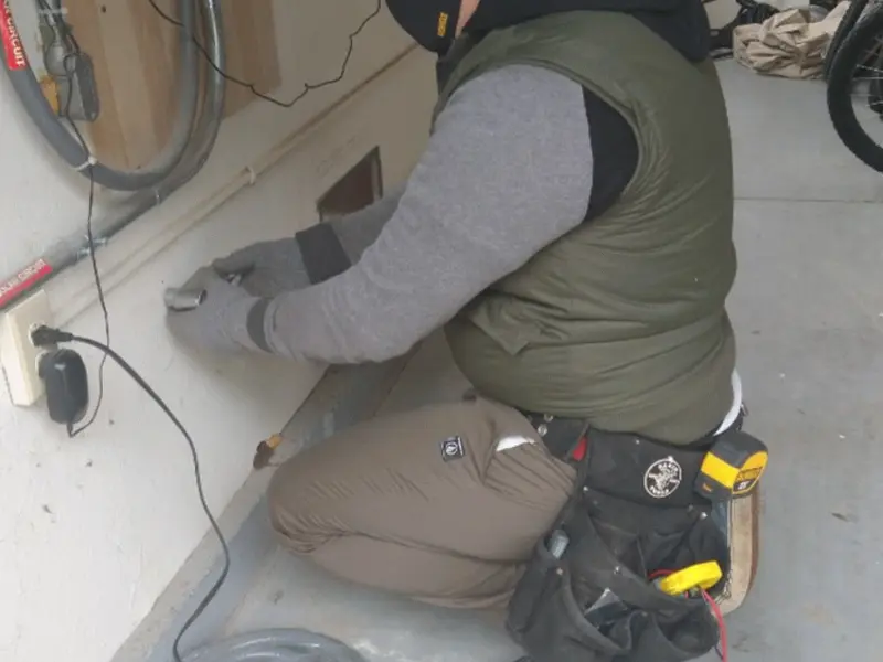 Electrician performing outlet wiring in a Wilmore garage
